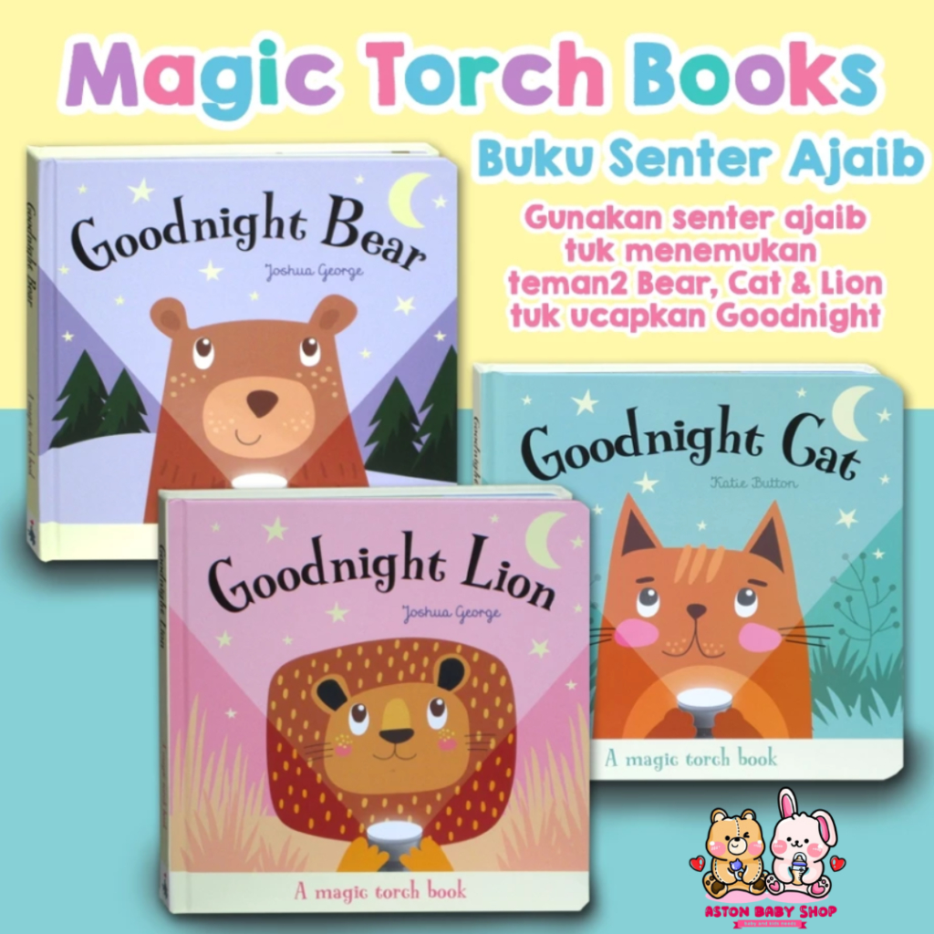 Magic Torch Book Goodnight Bear / Lion / Cat Buku Senter Ajaib (use the magic torch to help finding 