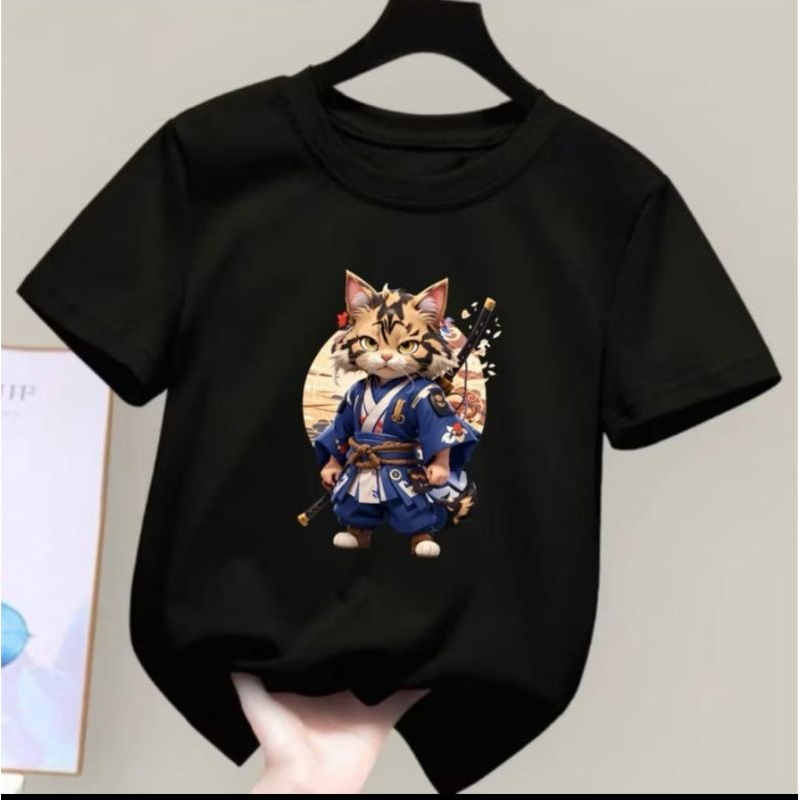 baju kaos anak unisex perempuan/laki laki gambar KUCING SAMURAI KEREN lengan pendek 1-10 thn