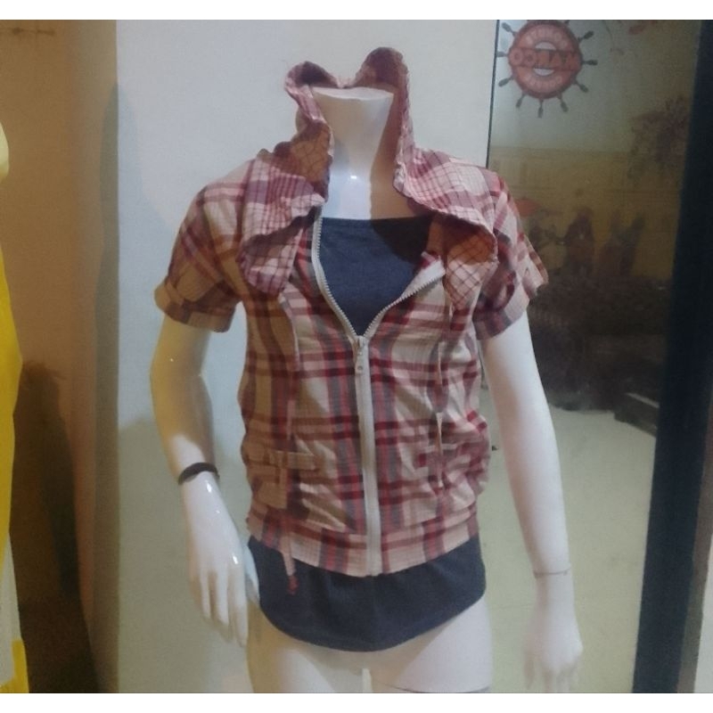 set top cardi kotak tartan merah + inner abu Norick