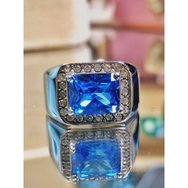 Cincin Permata Blue Topas Ring Monel Handmade Super