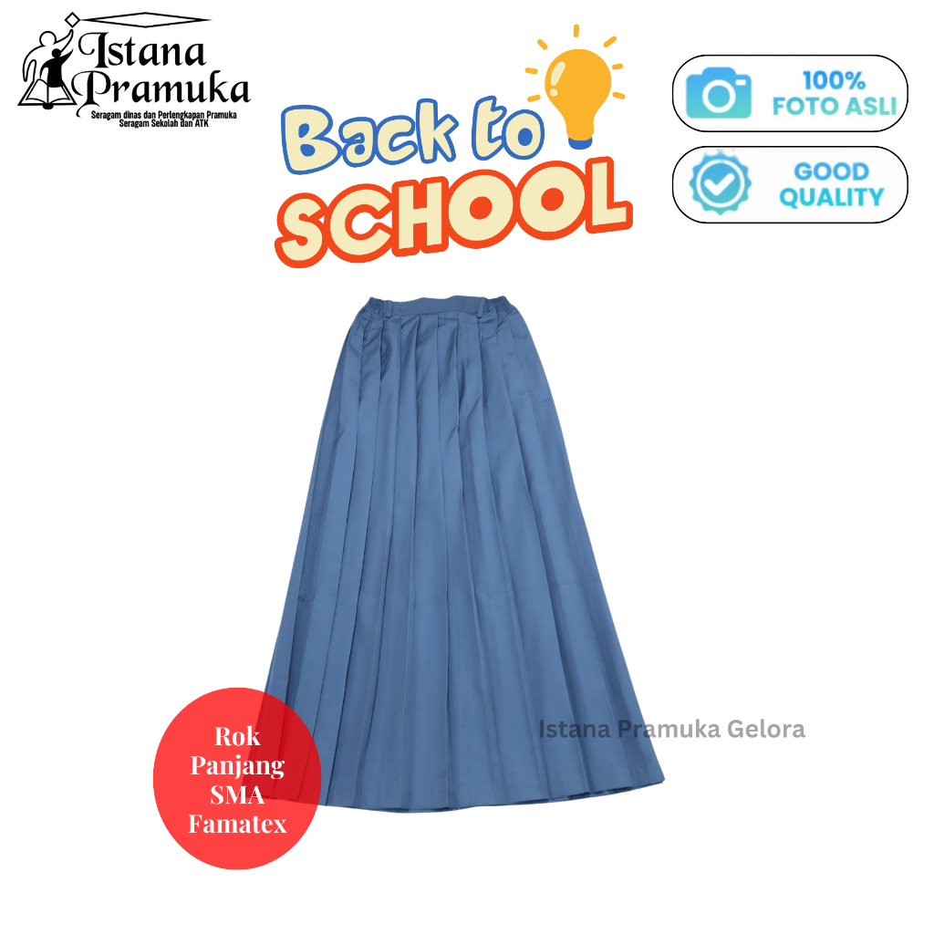 (PREMIUM) Seragam Sekolah Rok SMA/SMK Lipat-Lipat Rempel Panjang Famatex Warna Abu Biru Karet - Ista
