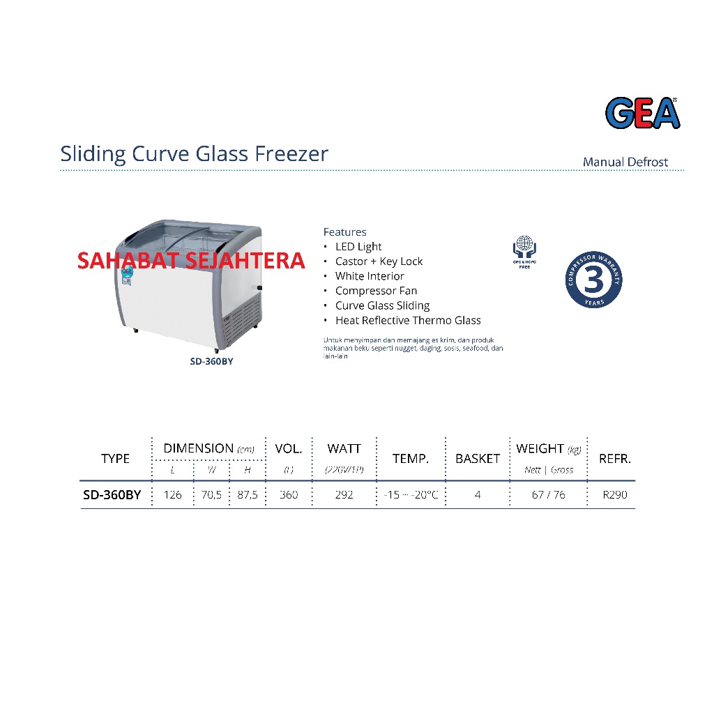 GEA Sliding Curve Glass Freezer SD-360BYR Freezer Sliding Kaca