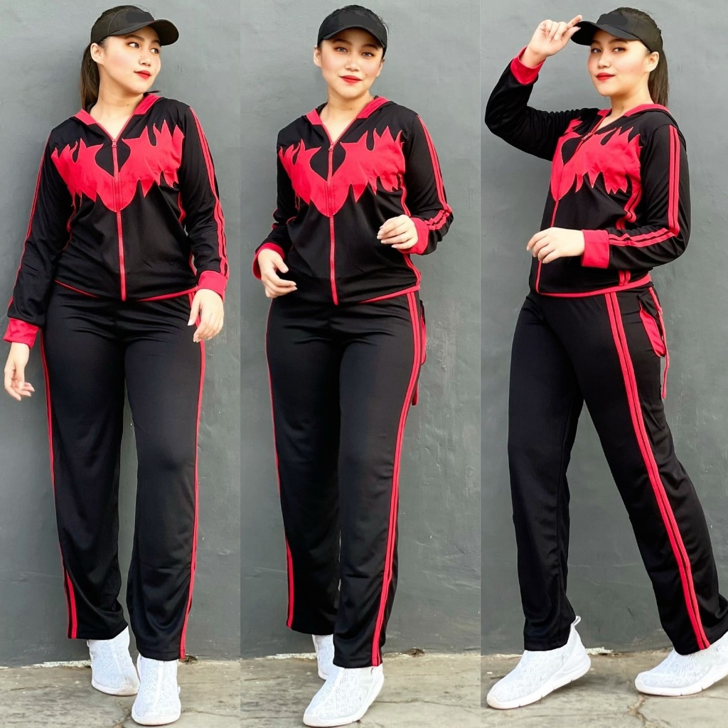 Setelan Baju Olahraga Motif Oval Hitam Merah Hijab Olahraga Muslim