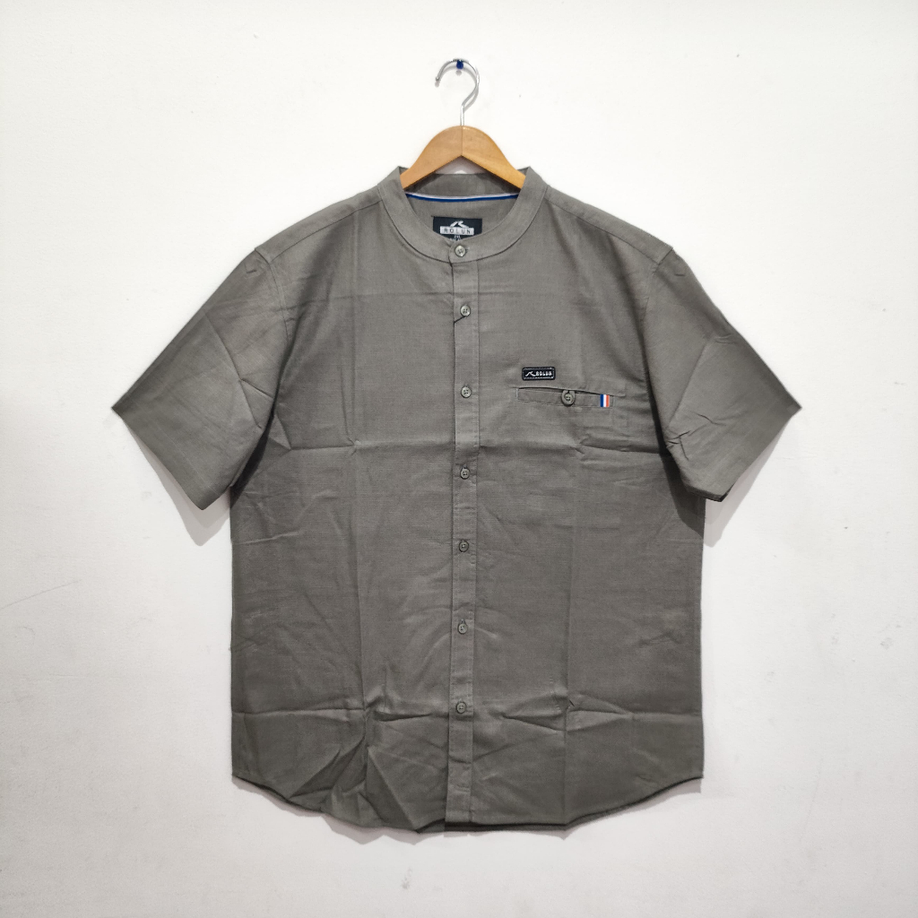 ROLUN Kemeja Casual BIG SIZE Pria Kerah Shanghai Hijau Khaky Polos Lengan Pendek 142122