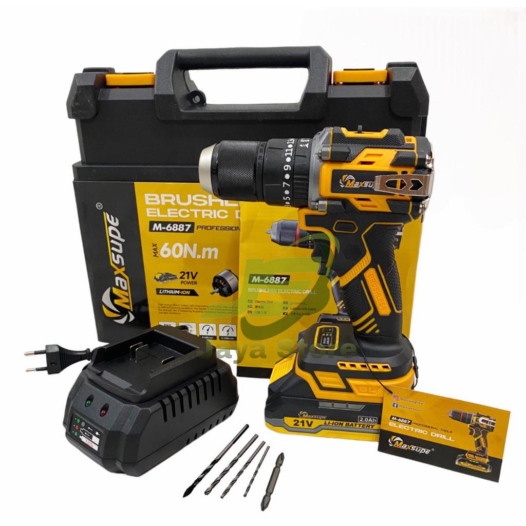 Maxsupe Mesin Bor Baterai Brushless 13mm 21V Bor Cas Murah Dengan Variable Speed , Untuk Memasang Ba