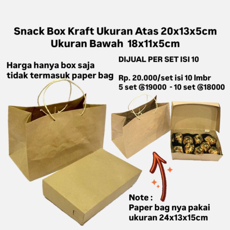 

Snack Box Pendek bahan Kraft dijual isi 10 lbr Bawah 18x11x5cm Atas 20x13x5cm laminating dalam