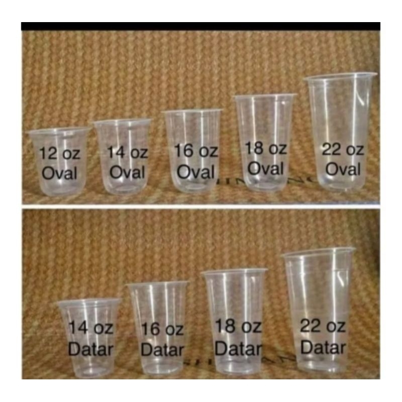 Gelas plastik polos oval dan datar 12oz, 14oz, 16oz, 18oz (tanpa tutup)