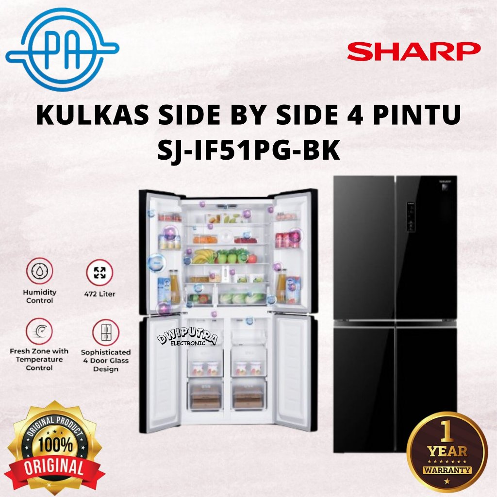 KULKAS SHARP 4 PINTU SIDE BY SIDE SJ-IF51PG-BK / SJ IF 51PG BK / 4 DOOR IF51PG LEMARI ES