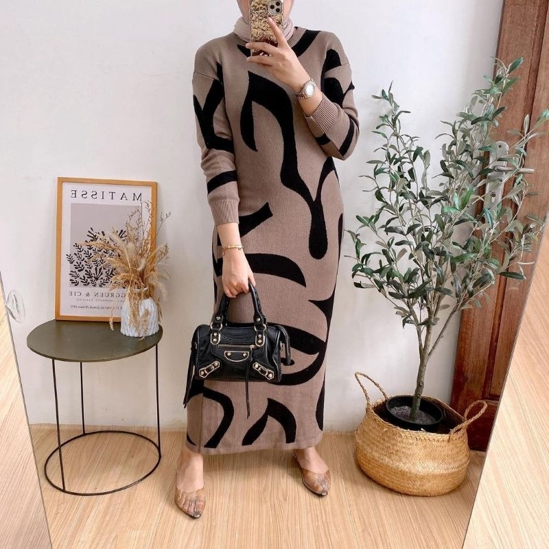 Tresya Dress warna magenta abu abu dark beige Maxi dress wanita bahan rajut import ukuran big size j