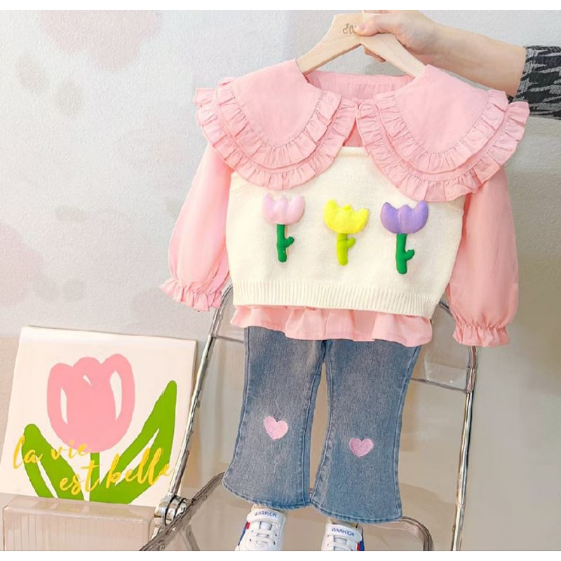 Setelan panjang anak cewek 1tahun - 5tahun setjins anak perempuan motif bunga warna lilac kuning pin