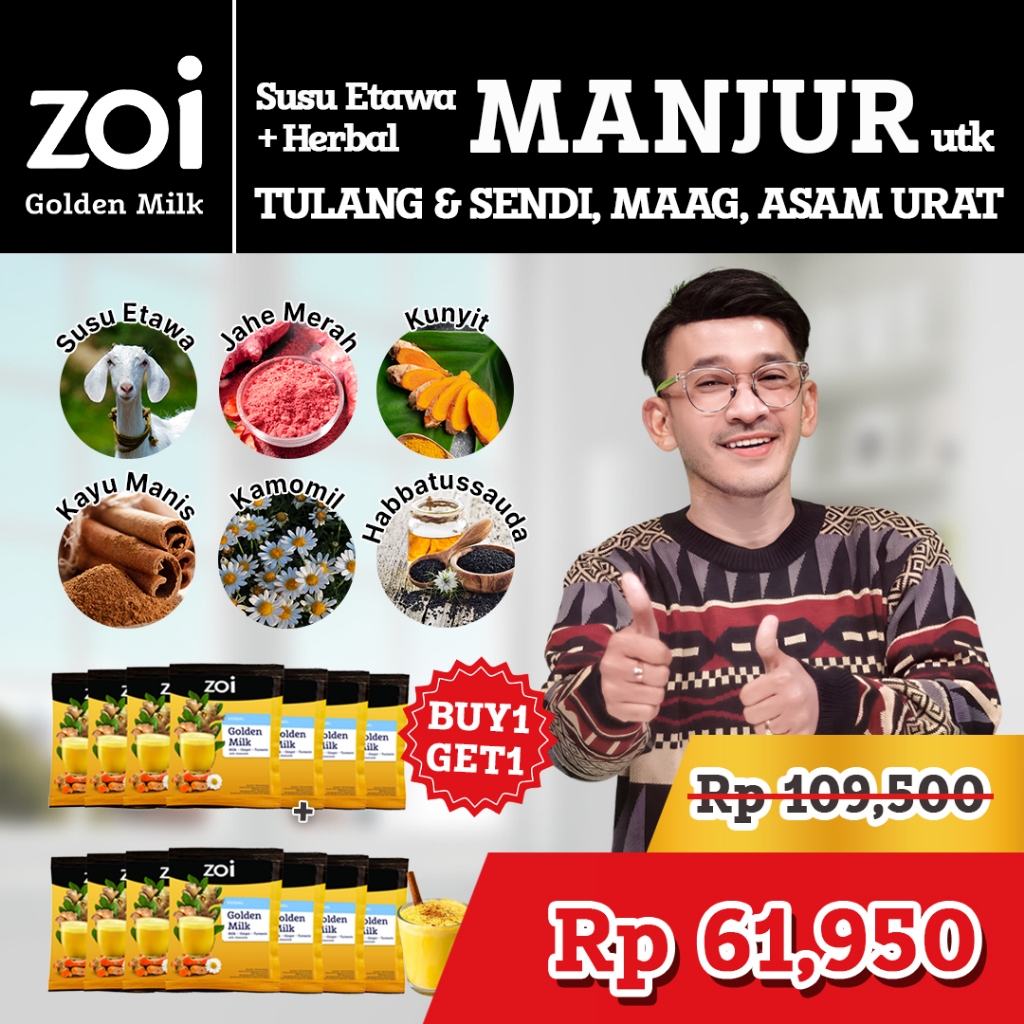 

BELI Paket 7 SACHET Dapat 14 SACHET RUBEN x ZOI Golden Milk. Susu Herbal Susu Sehat Susu Kambing, Jahe dan Kunyit