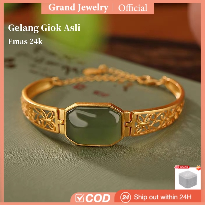 Grand Pretty Gelang Bangle Giok Hijau Lapis Emas 24K Asli China Bracelet Jade Wanita Asli Ori Titani