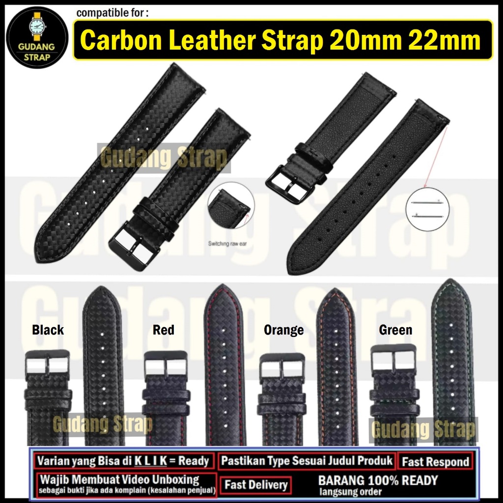 Carbon Leather Strap Universal 20mm 22mm Quick Release Tali Jam Tangan Motif Karbon CRL
