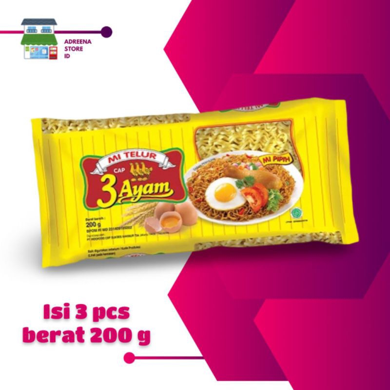 

MIE KUNING TELUR CAP 3 AYAM BERAT 200 G ISI 3PCS BAHAN OLAHAN MASAKAN