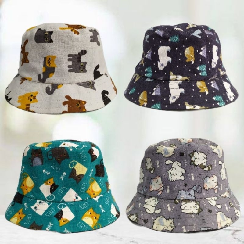 Topi Bucket Hat Kucing Cat Topi Mancing Pantai Bucket Motif Dewasa Kanvas SPT