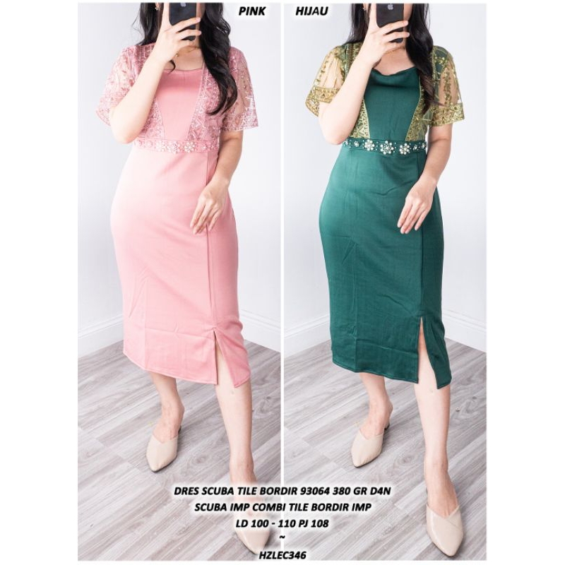 SEOLA MIDI DRESS SCUBA PREMIUM KOMBI TILE BORDIR MEWAH GAUN PESTA PARTY DRES SLIT ASD 930644