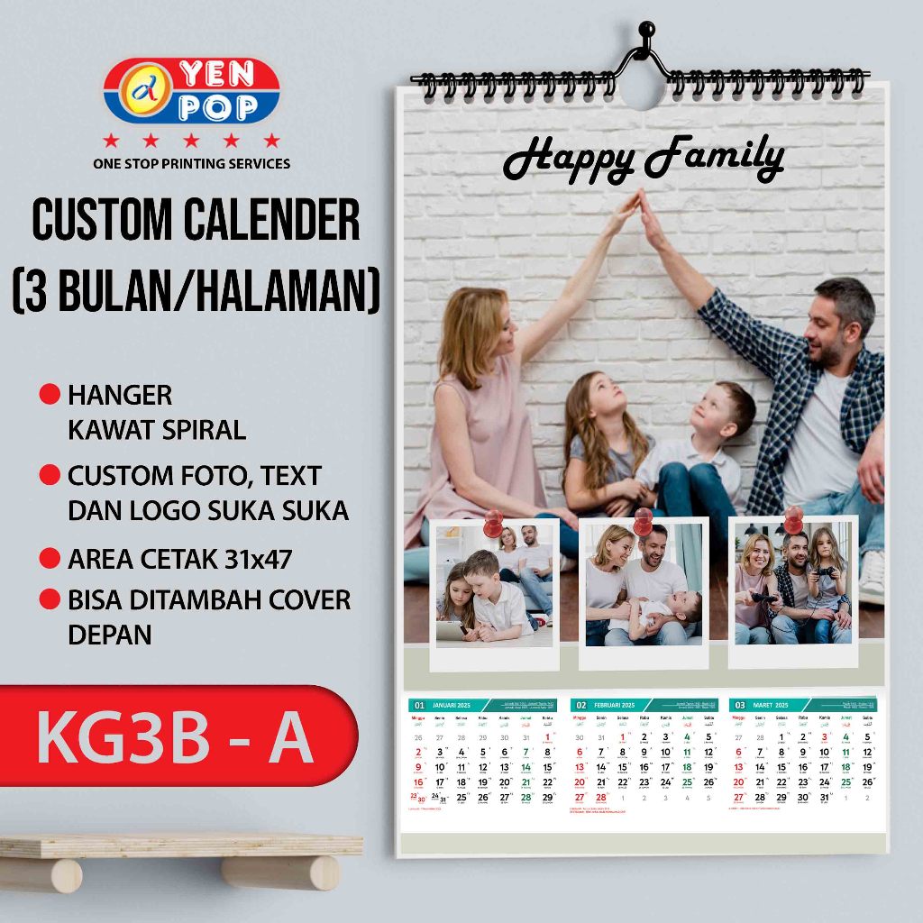 

Cetak Kalender 2025 uk. A3+ ( 3 Bulanan ) - Custom Foto, Nama , Logo - KG3B - A, Dengan Cover