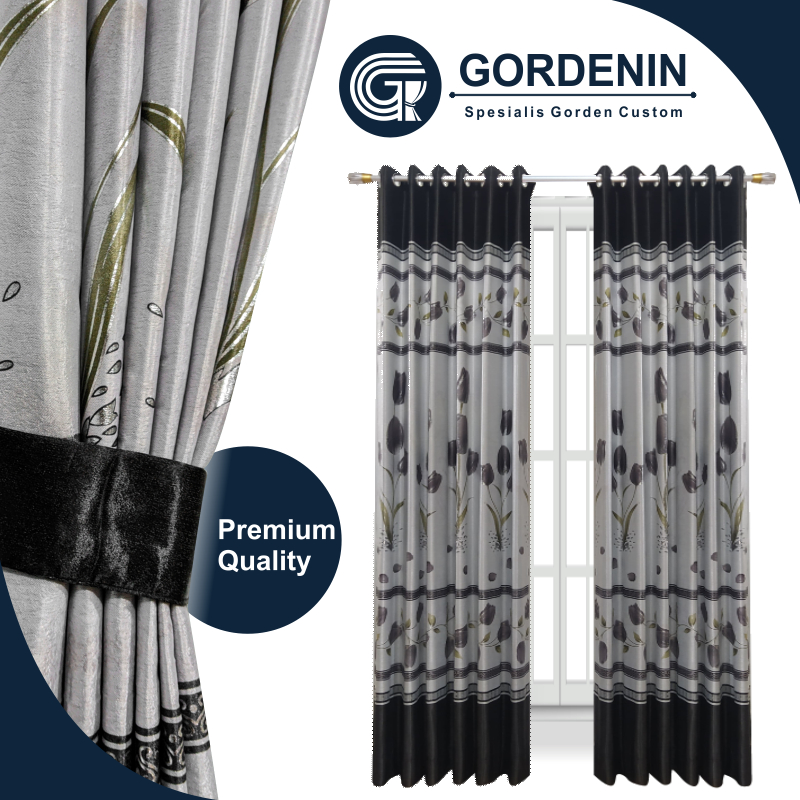 Gorden Blackout Motif Bunga Tulip 5 Gelombang Warna Hitam , Hitam Abu Bunga Biru T.230cm