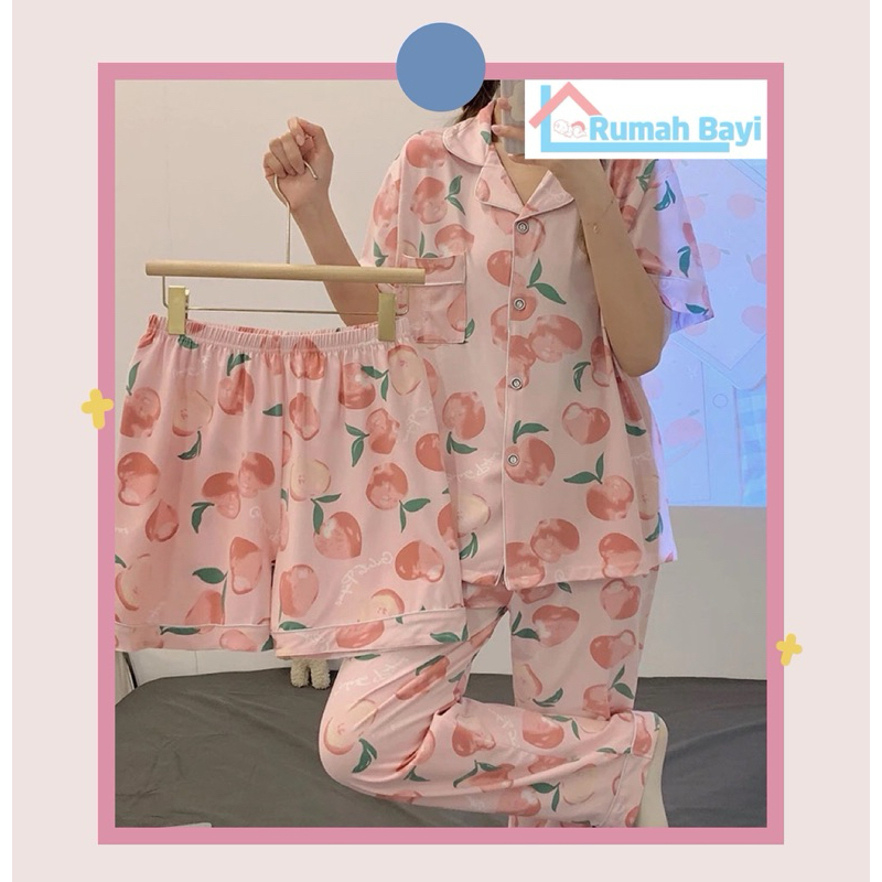 SLEEPWEAR 3 IN 1 BAJU TIDUR WANITA SET KEMEJA PIYAMA KOREA NEW STYLE