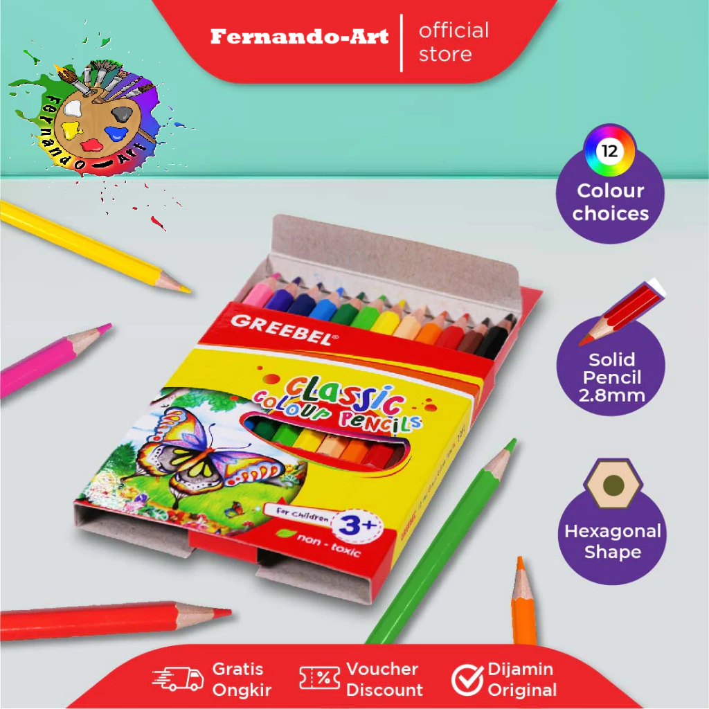 

GREEBEL Pensil Warna (3012 Half) Classic Color Pencils 12 Warna / Coloring / Pencil warna Grebel / Pensil warna Aman untuk Anak