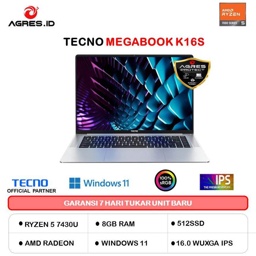 TECNO MEGABOOK K16S RYZEN 5 7430U 16GB 512GB W11+OHS 16.0WUXGA IPS SILVER