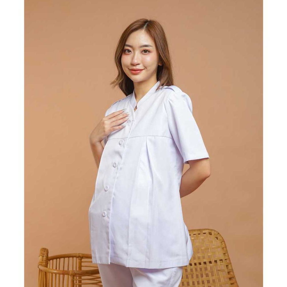 KODE Y98O Baju Kerja Dinas PutihPutih Hamil Perawat Tangan Pendek Wanita Setelan Celana Panjang Katu