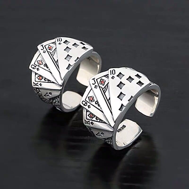 Cincin Kartu Remi Poker Sekop Warna Silver Bahan Perak Sterling Awet Kokoh / Men's Adjustable Poker 