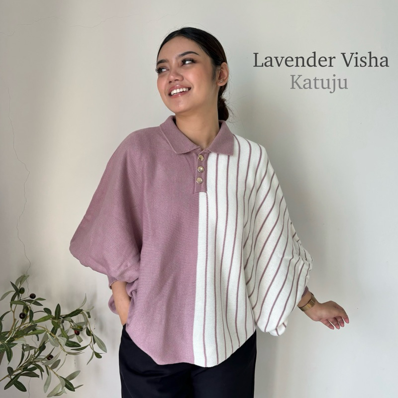 Blouse Rajut Batwing Oversize Motif Garis Visha