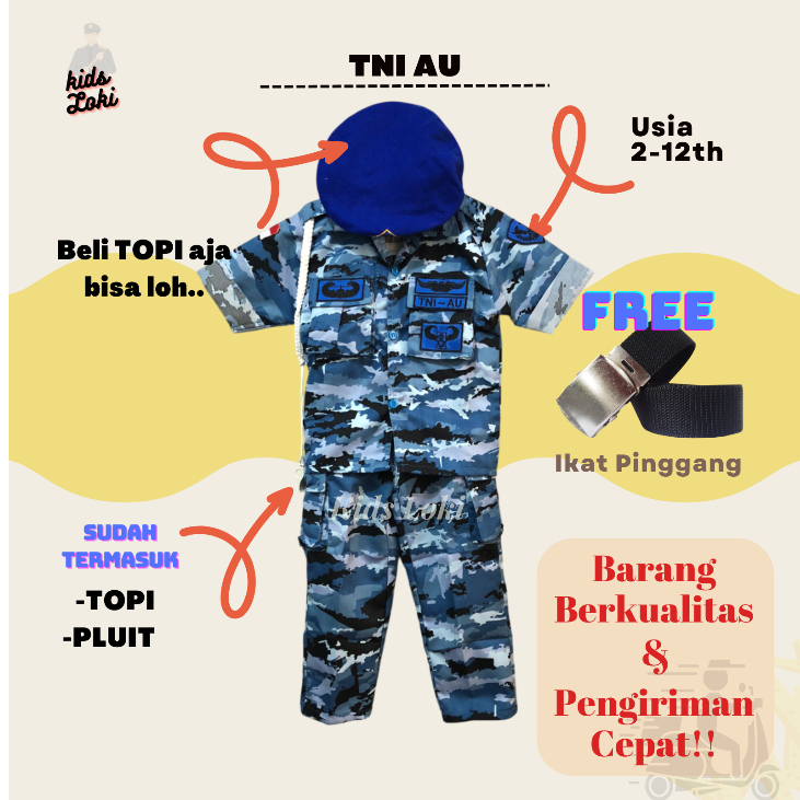 seragam tni au anak baju profesi tentara angkatan udara anak pakaian tni au anak baju karnaval