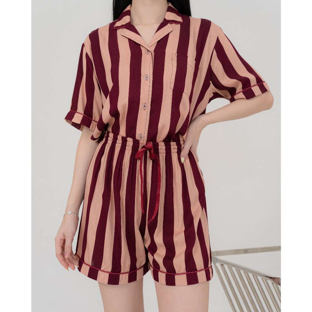 OCHIO - Olla Set Pajamas/Piyama/Baju Tidur/Sleepwear/One Set Wanita Rayon Stripes Series/Motif Salur