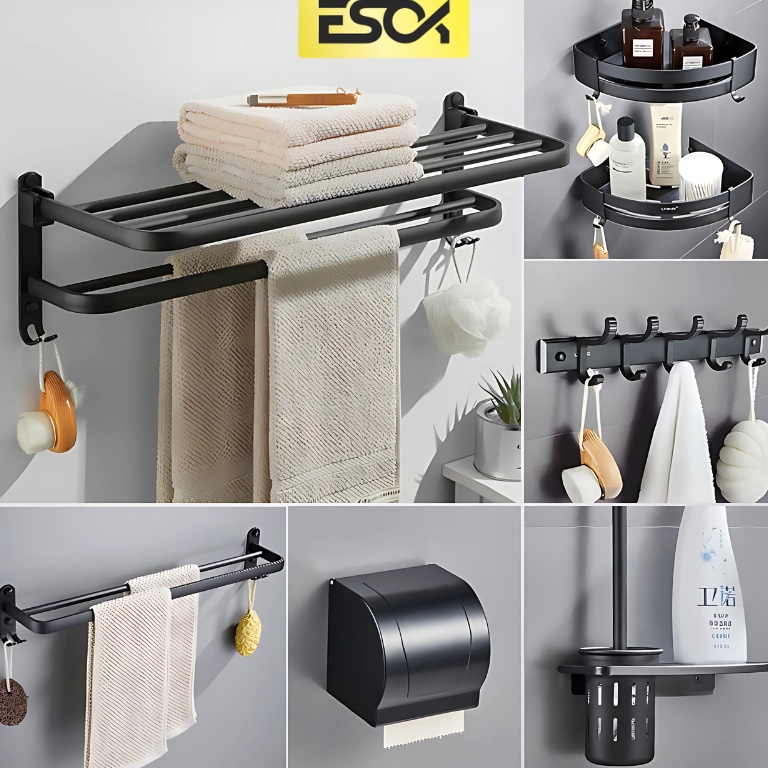 Top Sale ESOK Rak Kamar Mandi Set Dan Peralatan Kamar Mandi Hitam Sikat Kloset Dan Tempat Tissue Gan