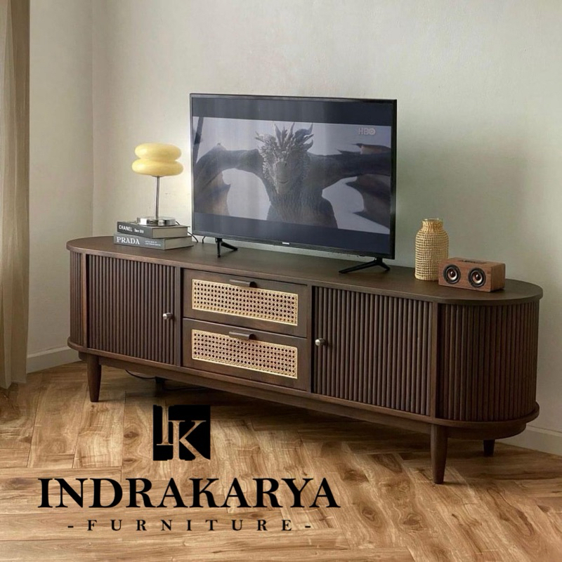 Meja Tv Pintu Salur Laci 2 Rotan Kayu Jati Tpk perhutani Jepara