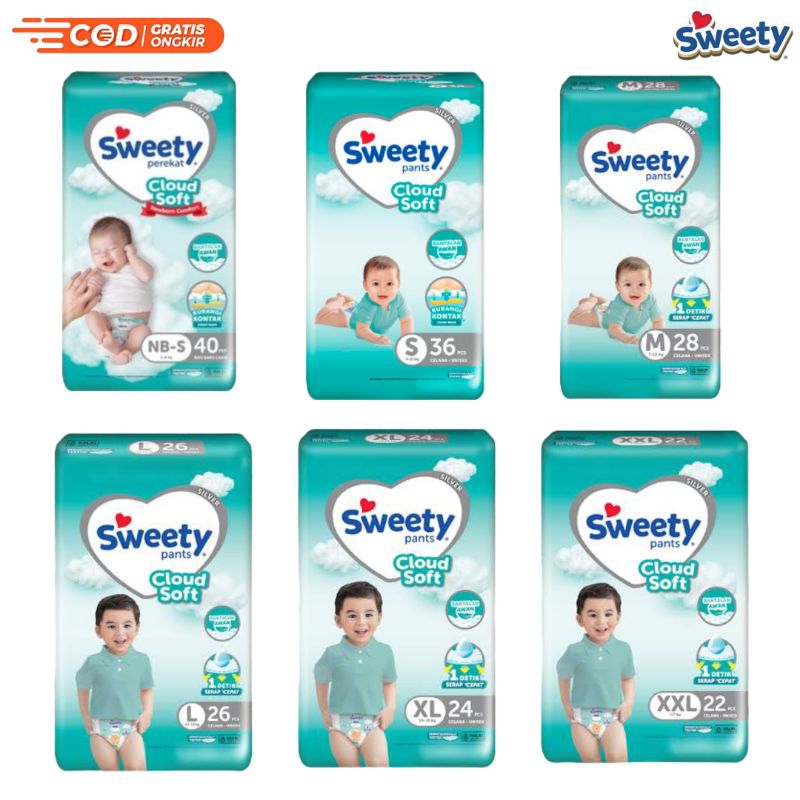 PAMPERS SWEETY SILVER PANTS NBS40/S36/M28/L26/XL24/XXL22/ POPOK PEREKAT BAYI / POPOK CELANA BABY