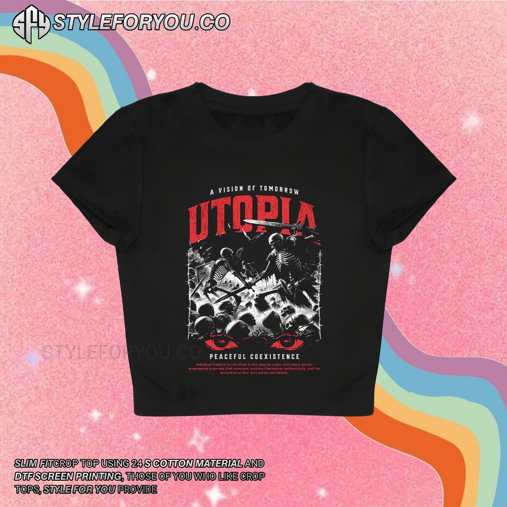 CROP TOP UTOPIA PEACEFUL COEXITENCE | GRUNGE | CROPTOP HITAM | CROP TEE SLIM FIT STYLE Y2K VINTAGE A