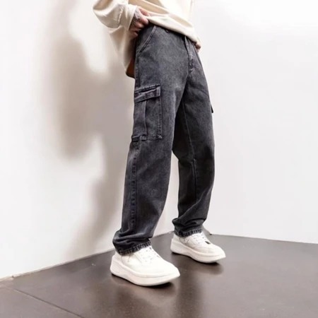 Rominsy - Cargo Jeans Panjang Pria Reguler Standar Loose Cargo Gombrong Jeans Pria Celana Korea Hita