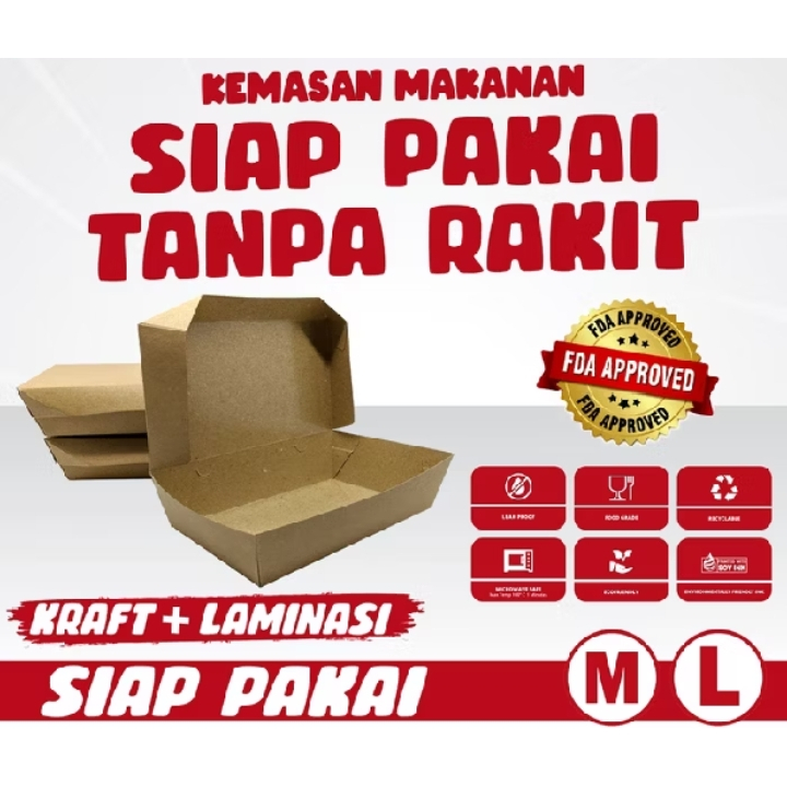 PAPER LUNCH BOX FOODGRADE SIAP PAKAI MURAH UKURAN M DAN UKURAN L / KOTAK MAKAN TANPA PERLU DI RAKIT 