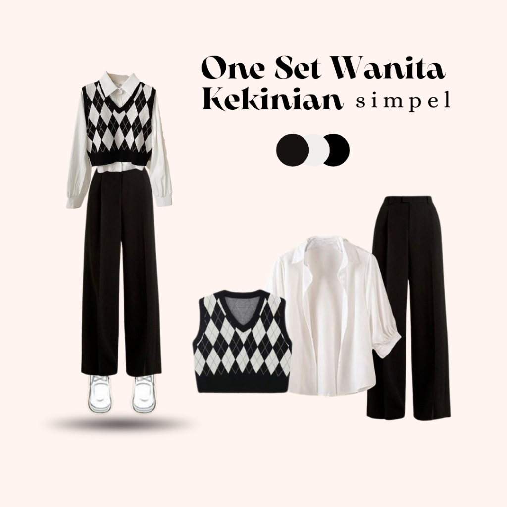 One Set Wanita Korean Style Kekinian Vest Batik Rajut & Kemeja Putih Katun & Kulot Katun Hitam 052A