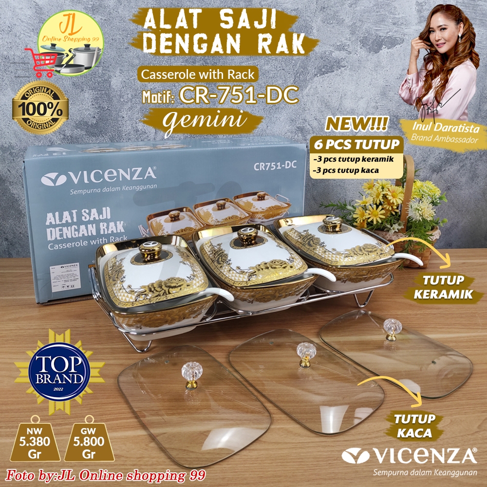 VICENZA Prasmanan set segi isi 3 + tutup kaca dan keramik  + rak / CR751-DC Gemini Alat Saji dengan 