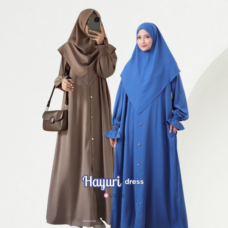 Hayuri Dress Gamis Polos Panjang Free Khimar Set Jilbab Panjang Syari Busui Kancing Depan