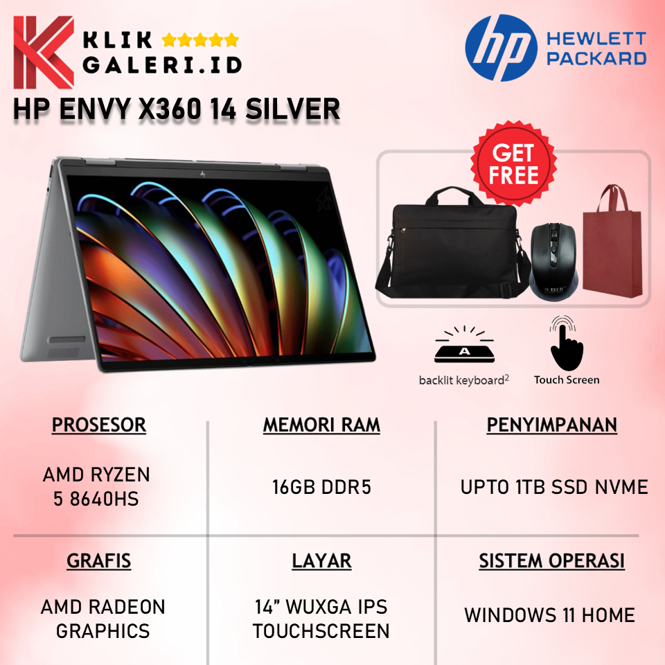Laptop 2in1 HP Envy X360 14 AMD Ryzen 5 8640HS RAM 16GB SSD 1TB 14 Inch WUXGA IPS Touchscreen