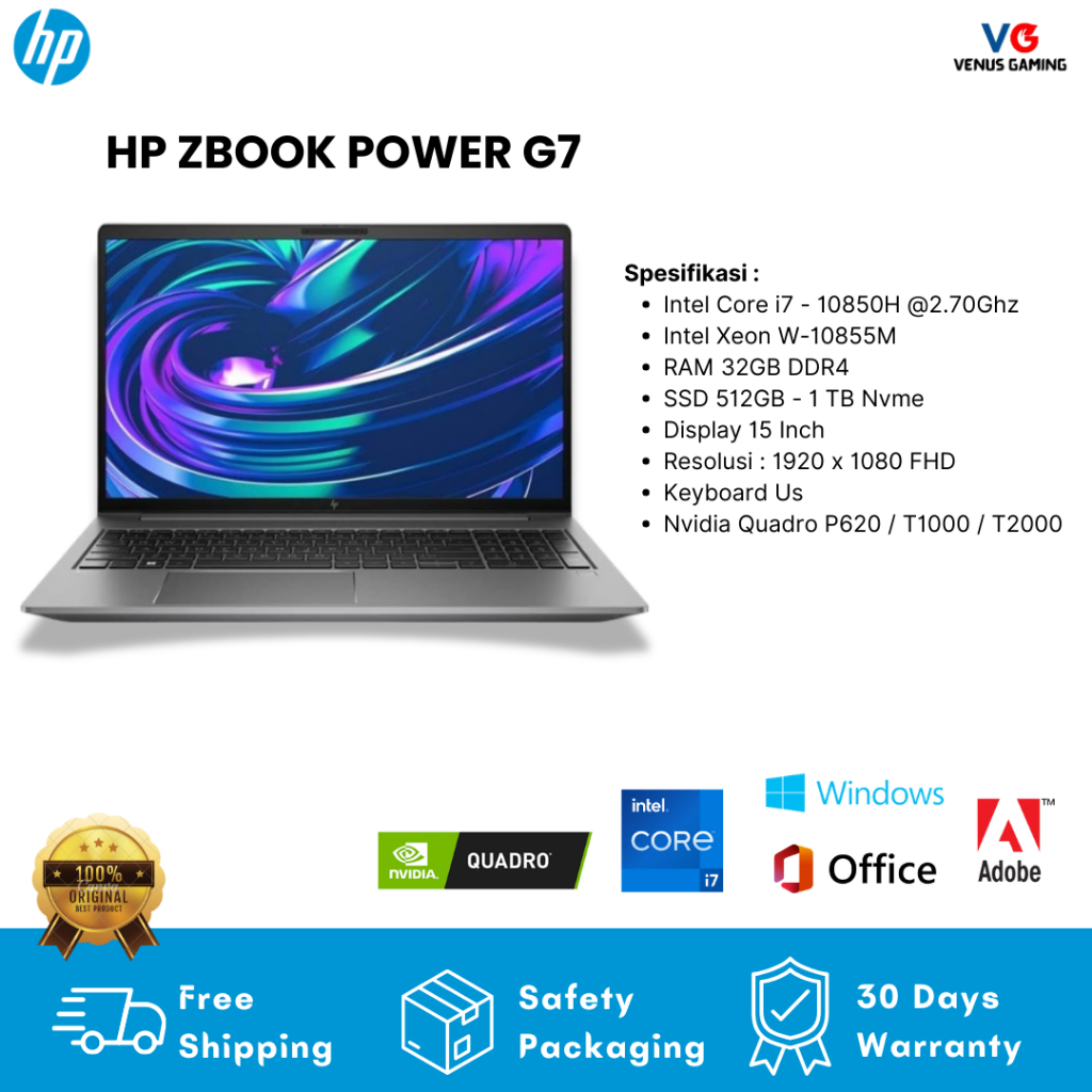 Laptop Gaming Design HP Zbook Power G7 i7 Xeon RAM 32GB SSD 1 TB Nvidia Quadro T2000 Windows 11