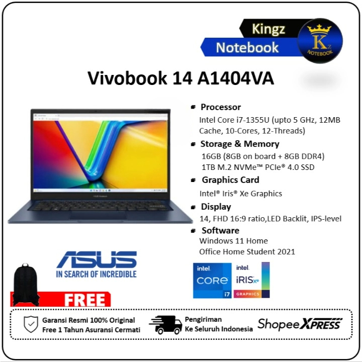 Asus Vivobook 14 A1404VA Core i7 1355U 16GB 1TB SSD Win11+OHS 14" FHD