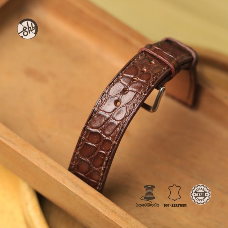 tali jam tangan kulit handmade crocodile skin / kulit buaya  open loop stitching