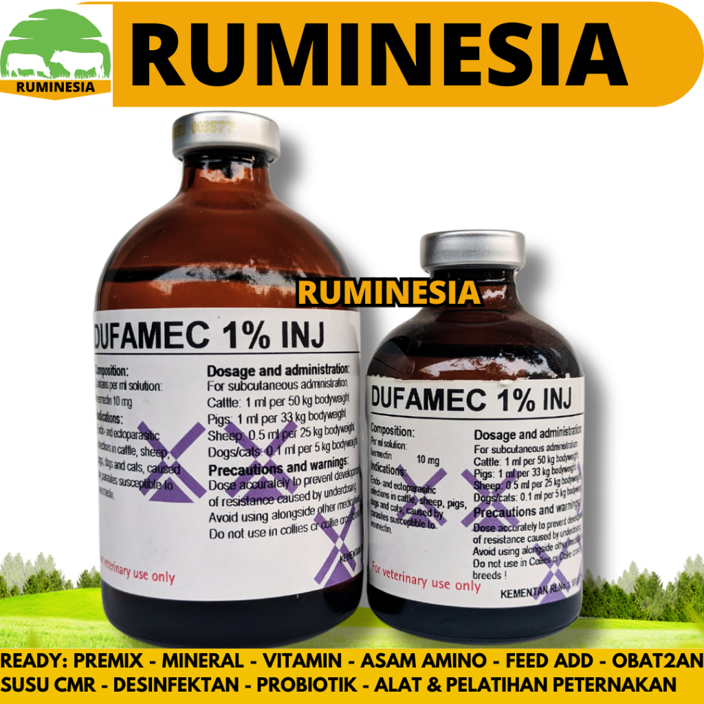 DUFAMEC 1% INJ 100 ML - Obat Cacing Kutu gudig Scabies Ampuh Sapi Kambing Babi Domba Like Intermecti