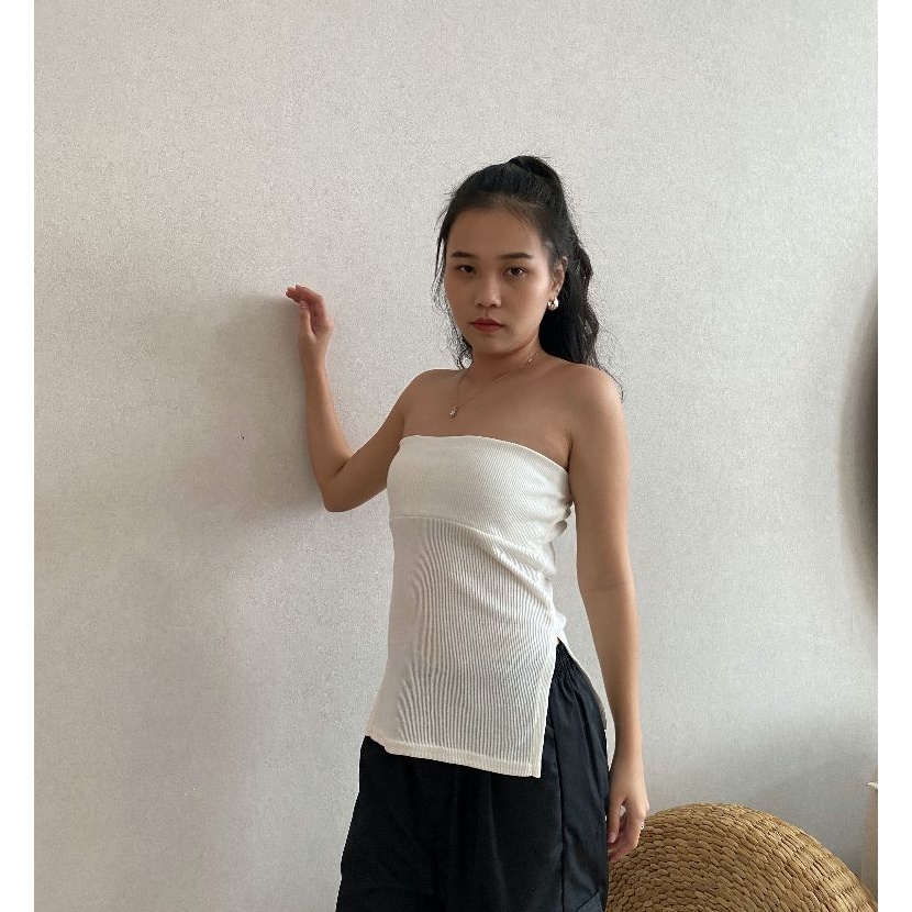 Langka CORRY Top  Kemben Slit  Knit Tube Top  Atasan Kemben Wanita  Kemben Rajut Belah Samping