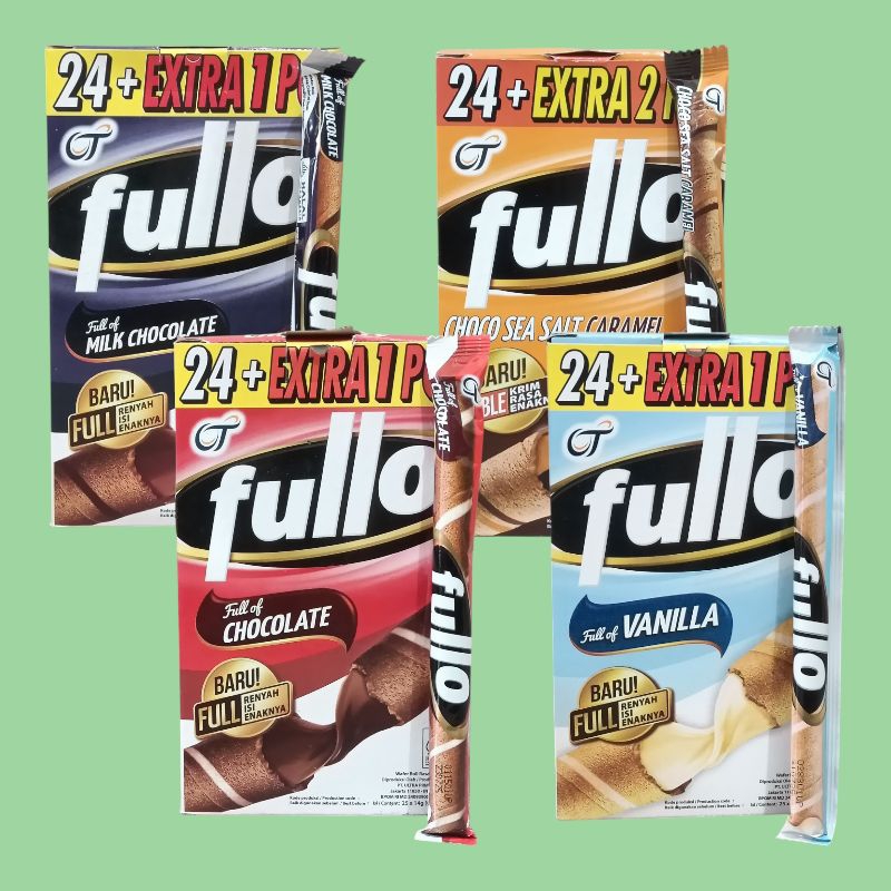 

FULLO LONG STICK Full Vanilla, Full Coklat, Sea Salt Caramel dan Milk Chocolate Wafer Roll 14gr [24 stick/box]