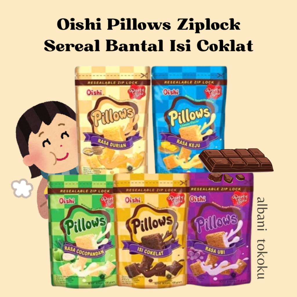 

Oishi Pillows Kemasan Ziplock - Rasa Coklat - Ubi Ungu - Keju - Sereal Anak