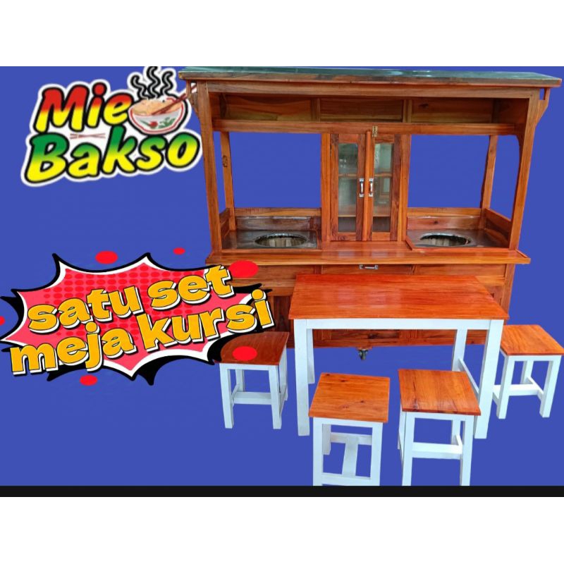 GEROBAK MIE AYAM BAKSO KAYU MAHONI DAN SATU SET MEJA KURSI