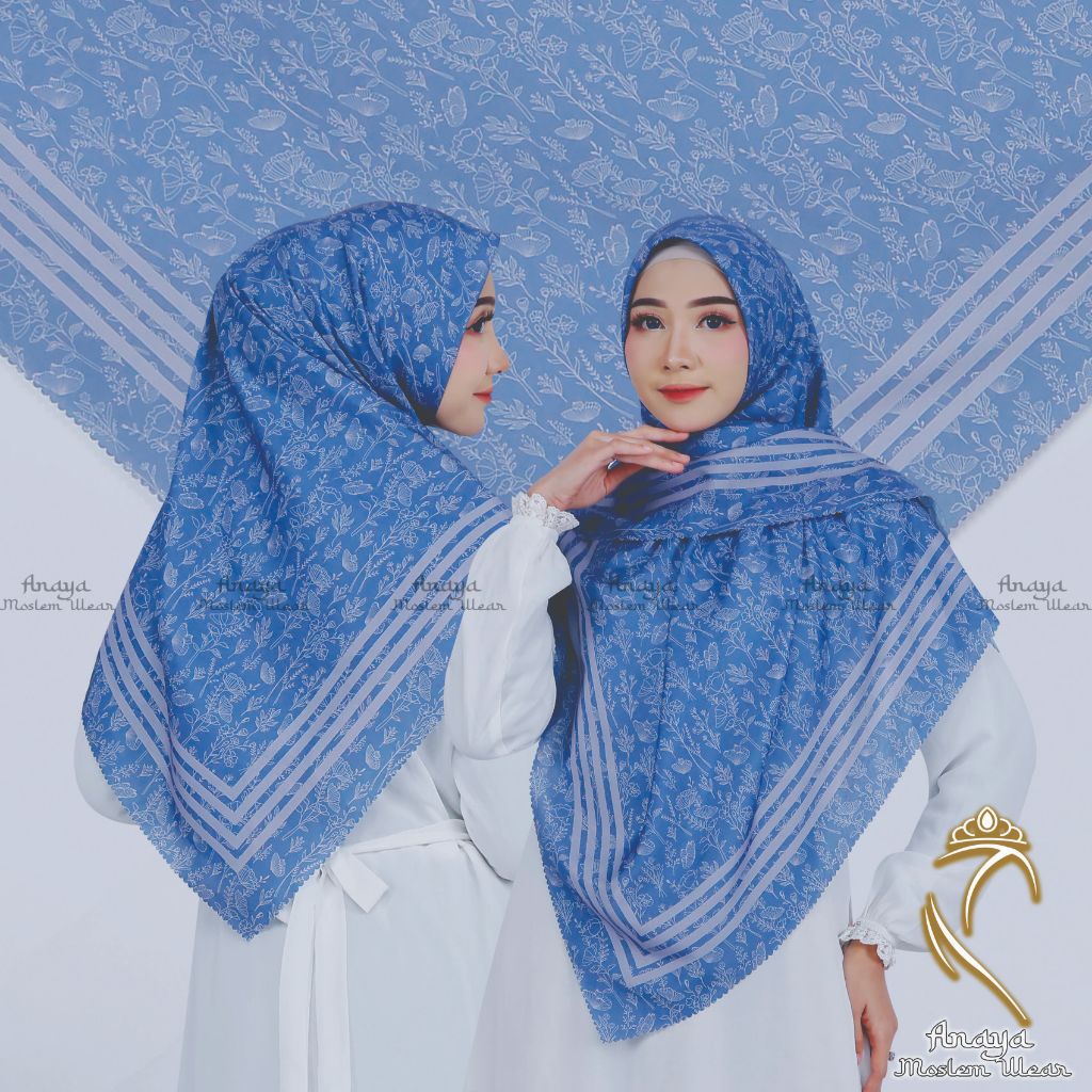 Jilbab Segi Empat Motif Syar'i 130x130 Voal  Monochrom Bunga Anaya VScarvest
