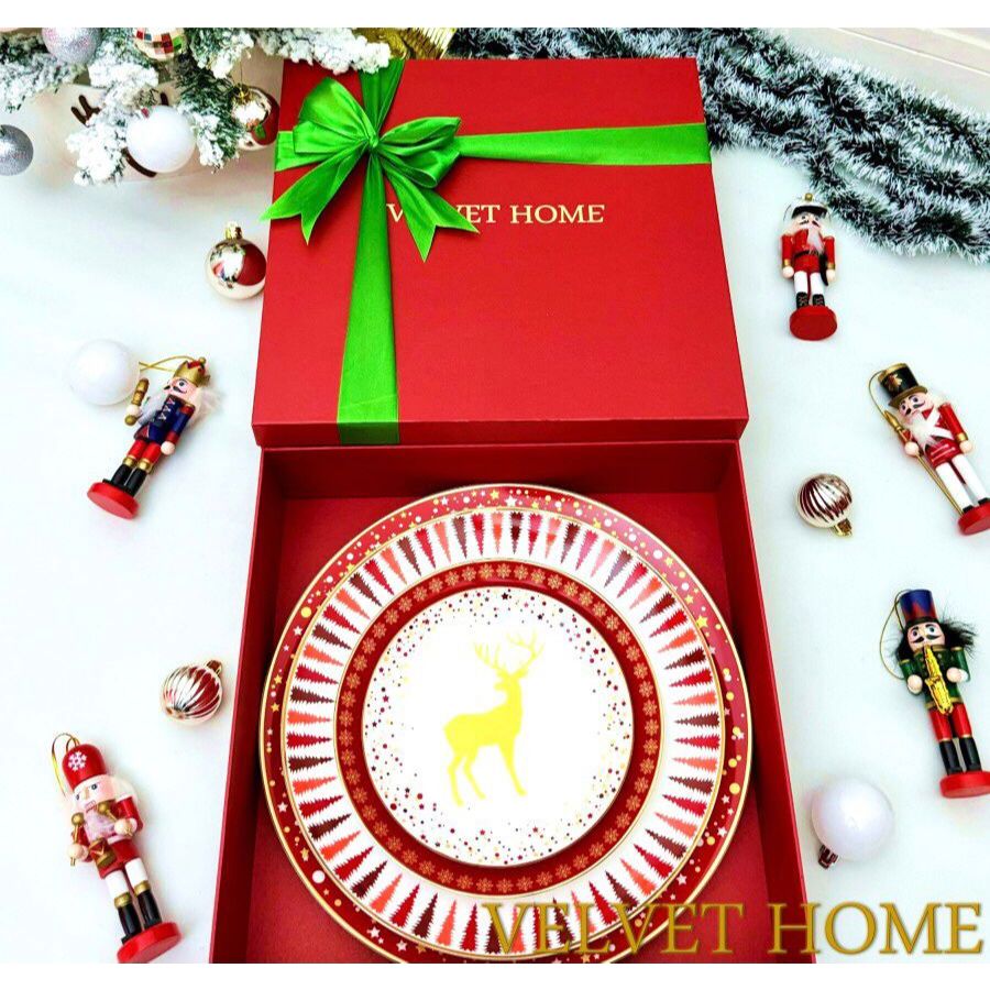 Hampers Piring Natal Keramik set Porselen Rusa Reindeer merah golden deer emas gold ceramic dining s